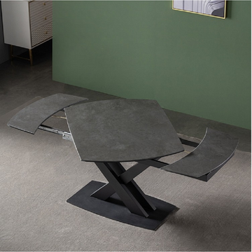 71" Modern Expandable Gray Stone Dining Table with Drop Leaf & Trestle Base 4-6 Person